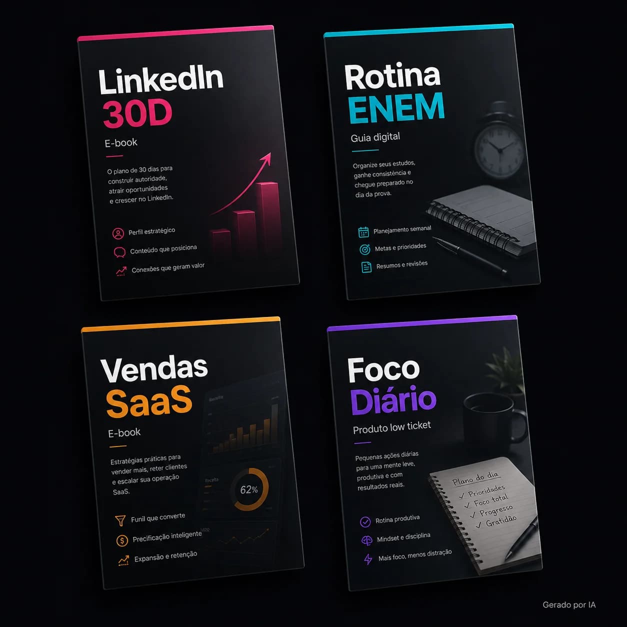 Grid 2x2 de capas geradas por IA: e-book 'LinkedIn 30D', guia digital 'Rotina ENEM', e-book 'Vendas SaaS' e produto low ticket 'Foco Diário'